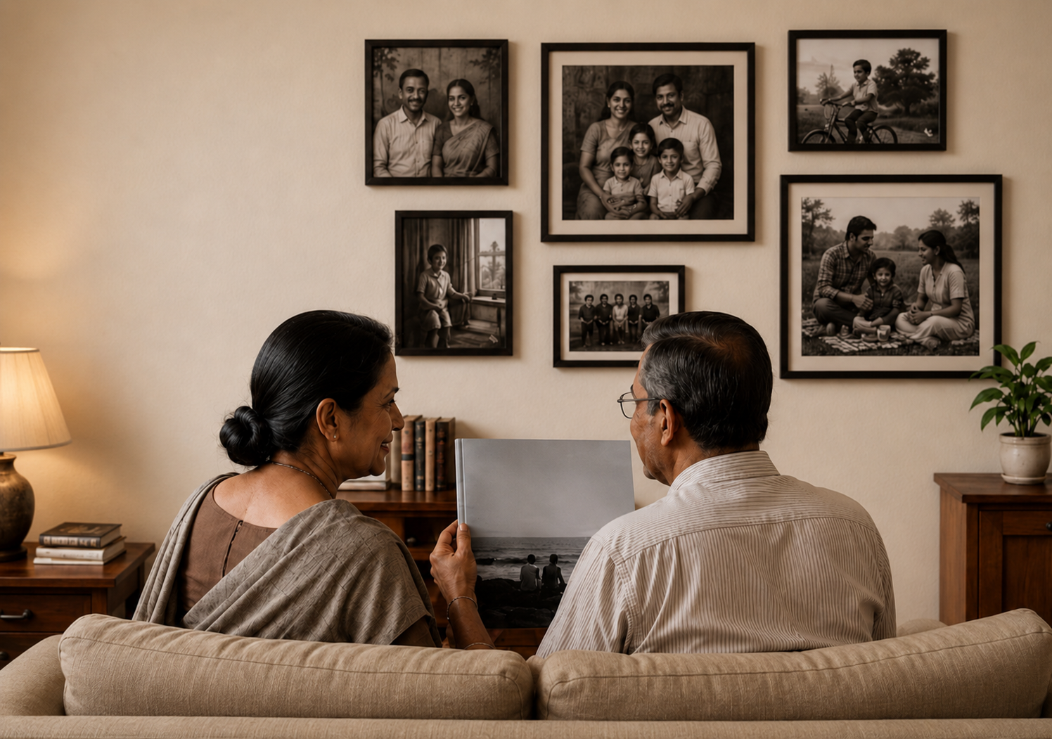 Couple looking through a family photo album in front of a wall of framed memories