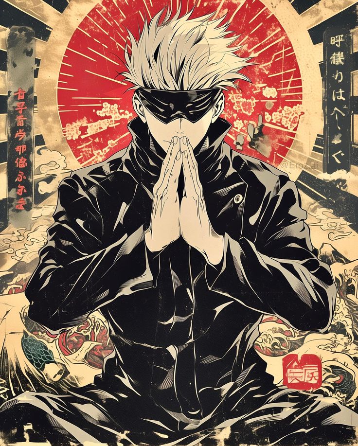 Gojo anime poster on a bedroom wall